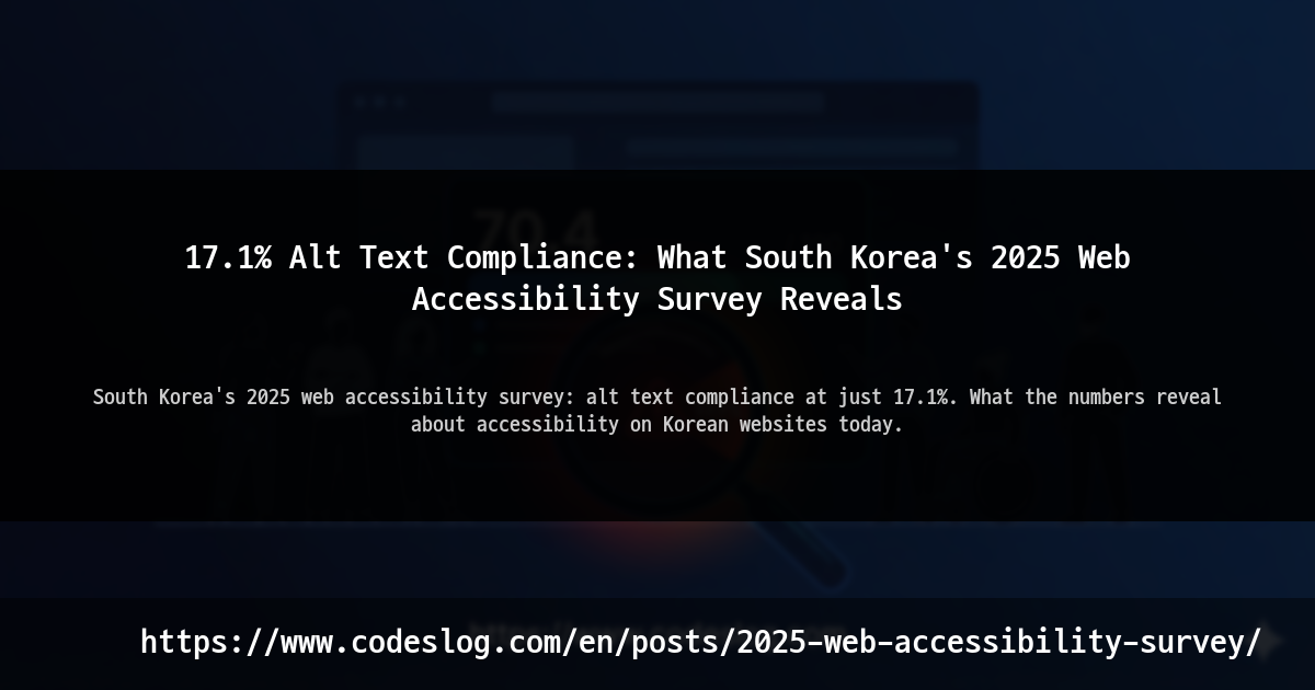 Blog post thumbnail: 17.1% Alt Text Compliance: What South Korea's 2025 Web Accessibility Survey Reveals - South Korea's 2025 web accessibility survey: alt text compliance at just 17.1%. What the numbers reveal about accessibility on Korean websites today. (https://www.codeslog.com/en/posts/2025-web-accessibility-survey/)