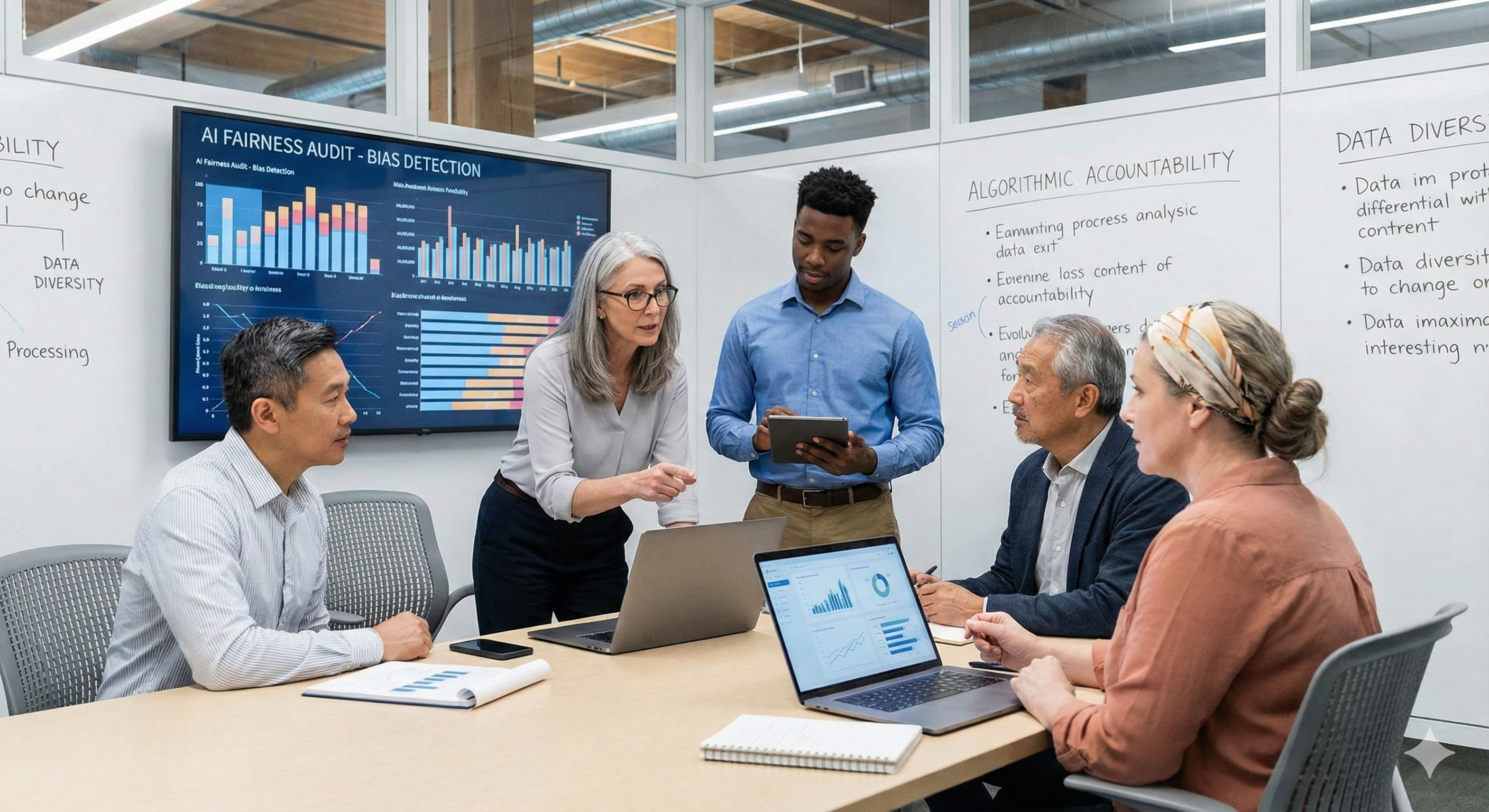 Diverse team checking AI fairness