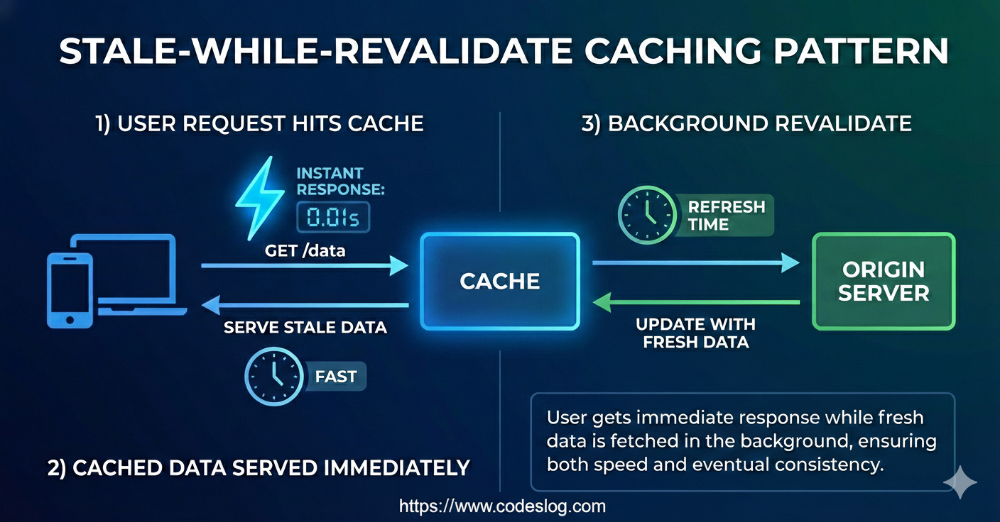 stale-while-revalidate 캐싱 패턴을 보여주는 인포그래픽 - 사용자 요청이 캐시를 빠르게 히트하고 백그라운드에서 새로고침이 동시에 일어나는 흐름