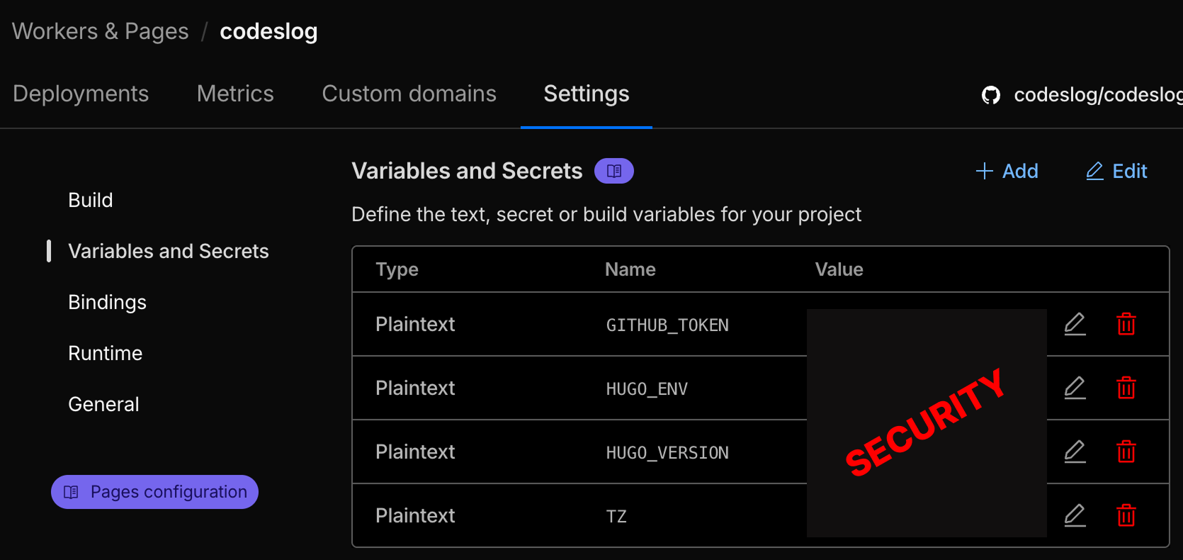 Cloudflare Pages Settings Page