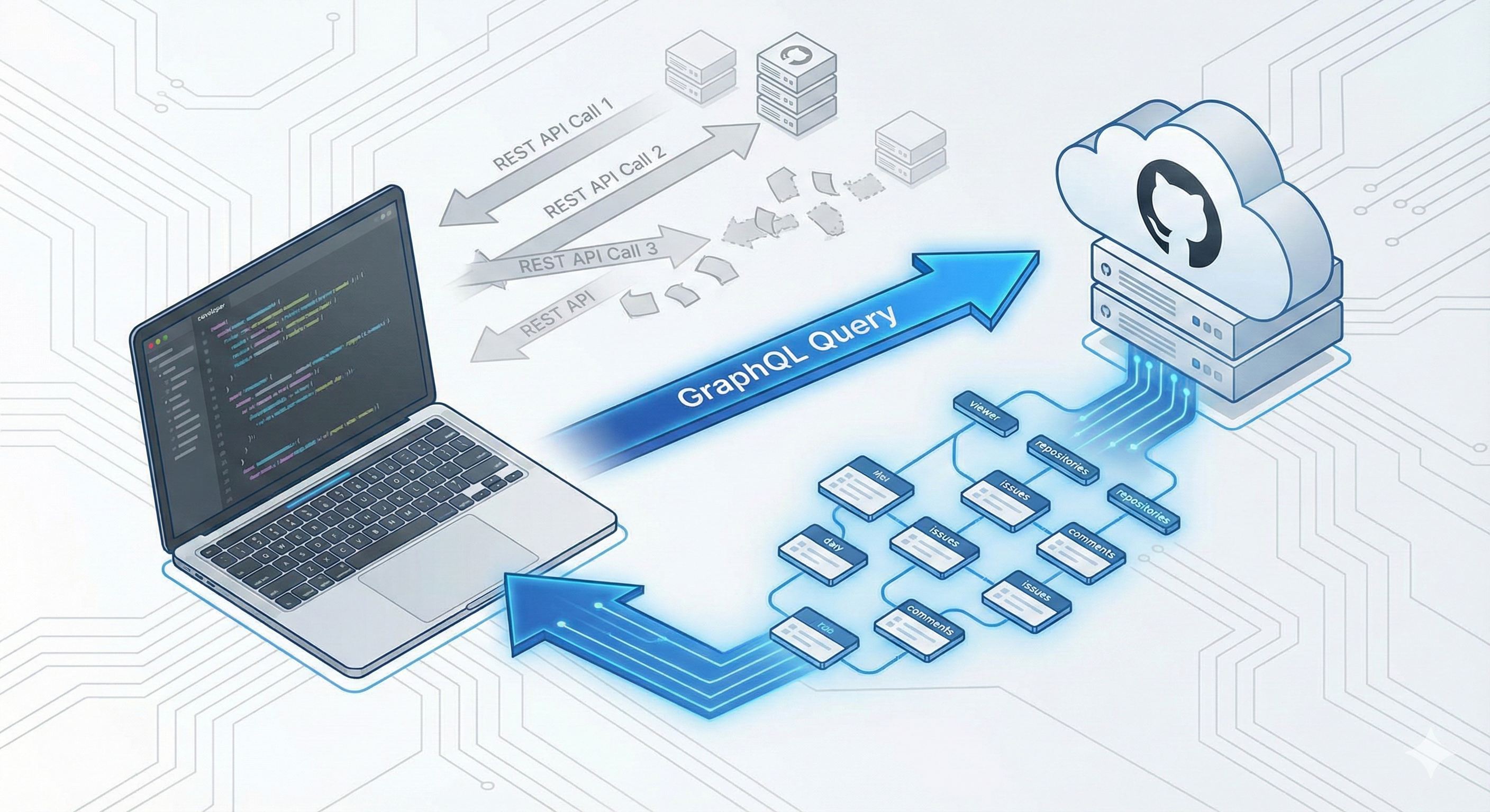 GraphQL 쿼리 흐름을 보여주는 개념 일러스트 - 개발자 노트북에서 단일 GraphQL 쿼리를 GitHub 서버로 보내고 구조화된 데이터를 받아오는 모습