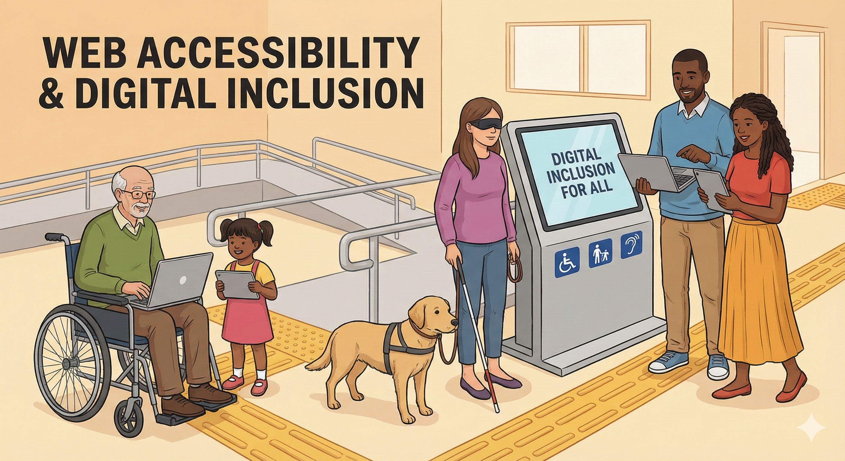 Illustration of diverse people using technology together - Accessible web is for everyone