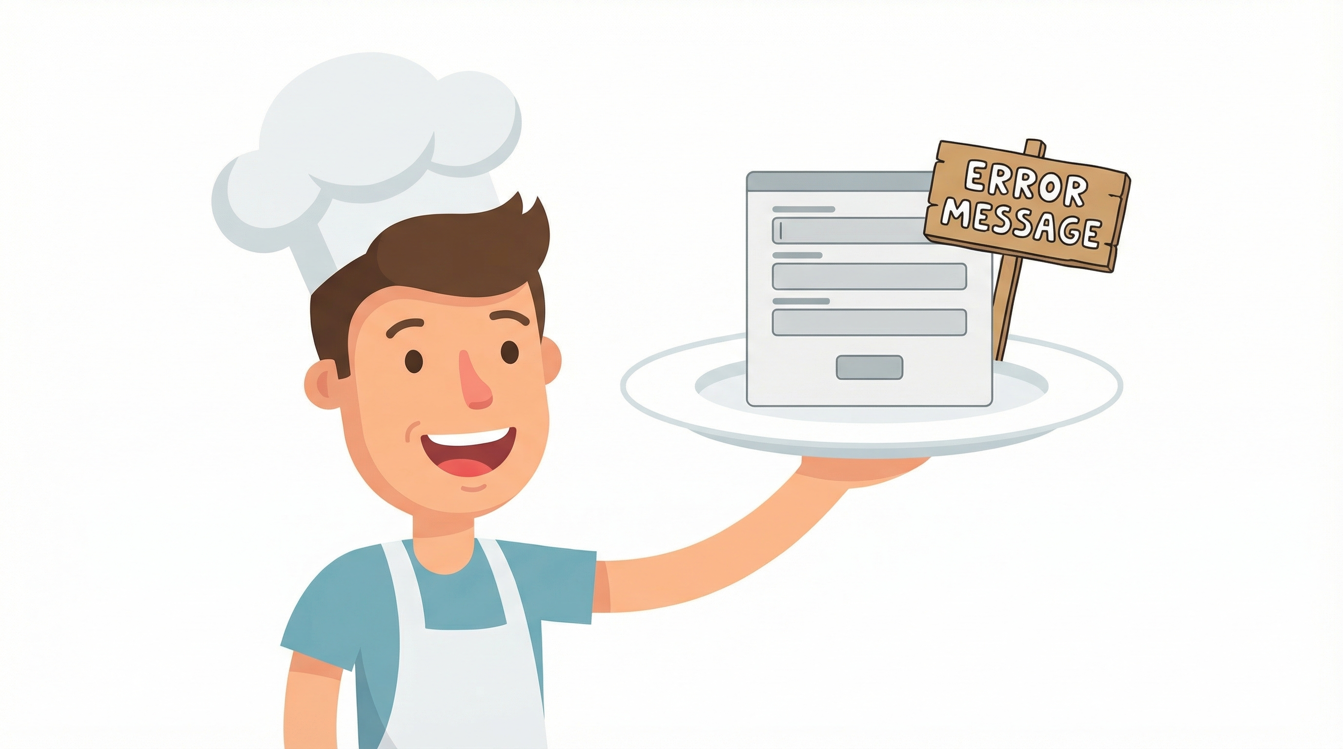 A cheerful chef presenting an error message as a garnish — yes, the error message is the secret ingredient.