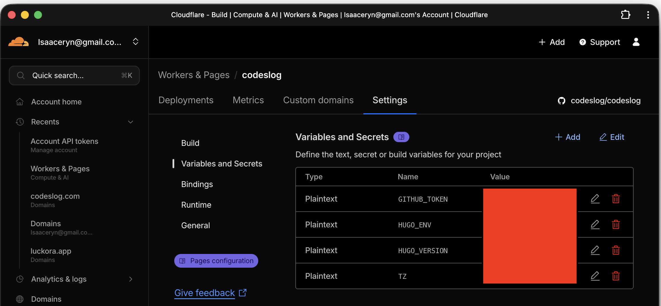 Cloudflare 대시보드에서 API 토큰을 생성하는 화면 캡처 - Pages Edit 권한 설정
