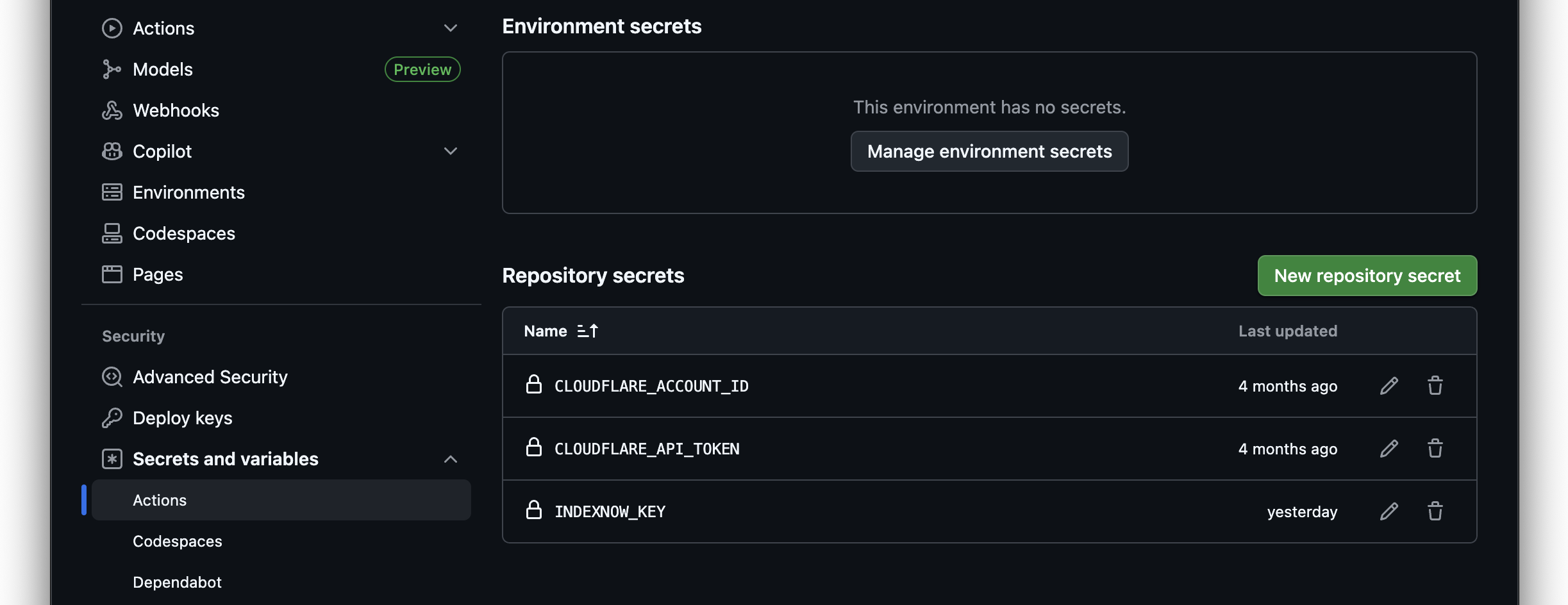 GitHub Secrets에 Cloudflare API 토큰을 등록하는 화면 캡처 - 보안 키 관리