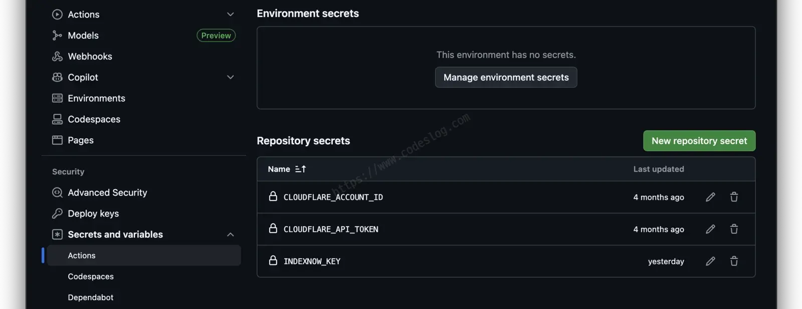 GitHub Secrets에 Cloudflare API 토큰을 등록하는 화면 캡처 - 보안 키 관리