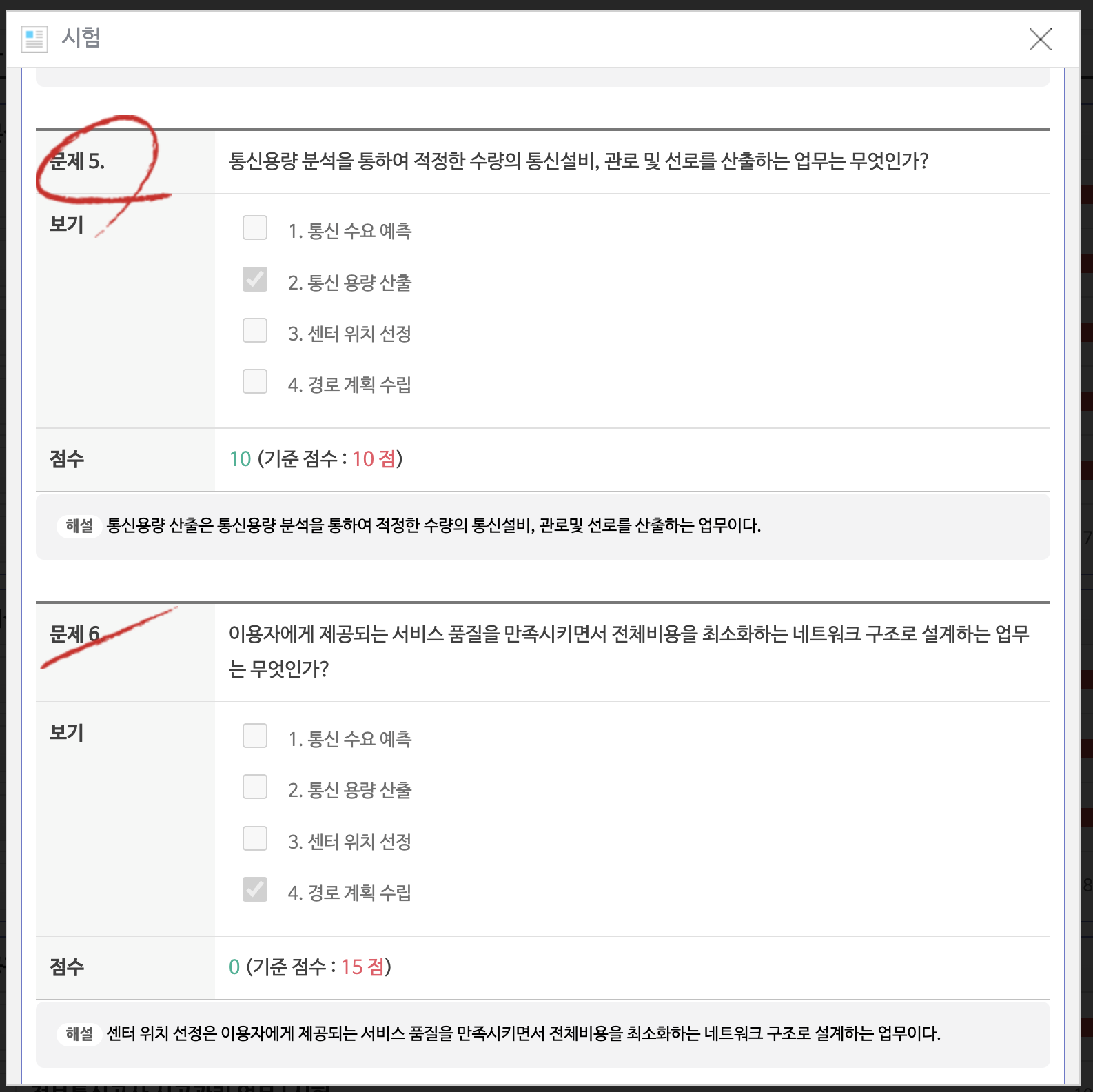 1차 교육 시험 화면 - 문제5는 정답(10점), 문제6은 오답(0점)으로 채점되었으며 각 문제 아래에 정답과 해설이 함께 표시됨