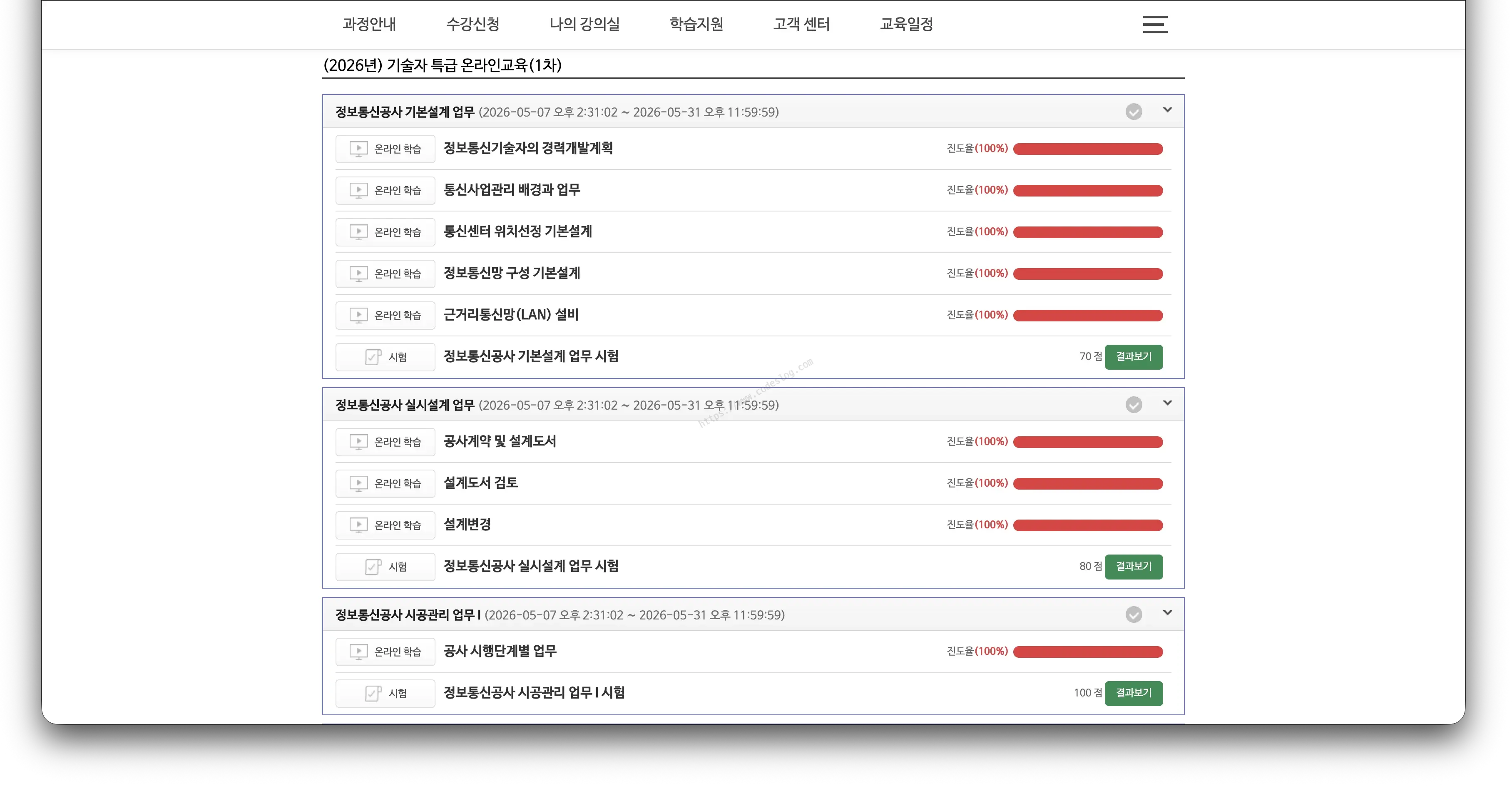 ICT폴리테크대학 LMS 강의실 목록 화면 - 정보통신공사 기본설계·실시설계·시공관리 업무 등 과목별 강의와 시험 항목이 표시되어 있으며 모든 강의가 진도율 100%로 완료된 상태