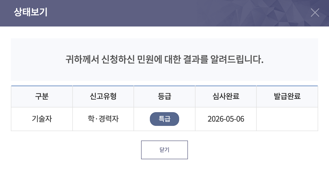 KICA 상태보기 결과 팝업 - 기술자, 학경력자 신고유형, 특급 등급, 심사완료 2026-05-06 결과가 테이블로 표시됨