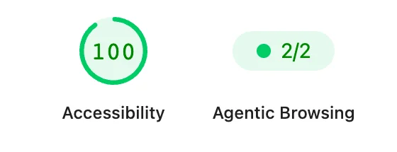 Lighthouse 리포트 상단 점수 캡처 - Accessibility 게이지 초록색 100, Agentic Browsing 초록색 2/2