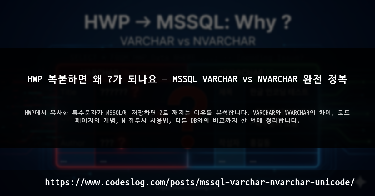 블로그 포스트 썸네일: HWP 복붙하면 왜 ?가 되나요 — MSSQL VARCHAR vs NVARCHAR 완전 정복 - HWP에서 복사한 특수문자가 MSSQL에 저장하면 ?로 깨지는 이유를 분석합니다. VARCHAR와 NVARCHAR의 차이, 코드 페이지의 개념, N 접두사 사용법, 다른 DB와의 비교까지 한 번에 정리합니다. (https://www.codeslog.com/ko/posts/mssql-varchar-nvarchar-unicode/)