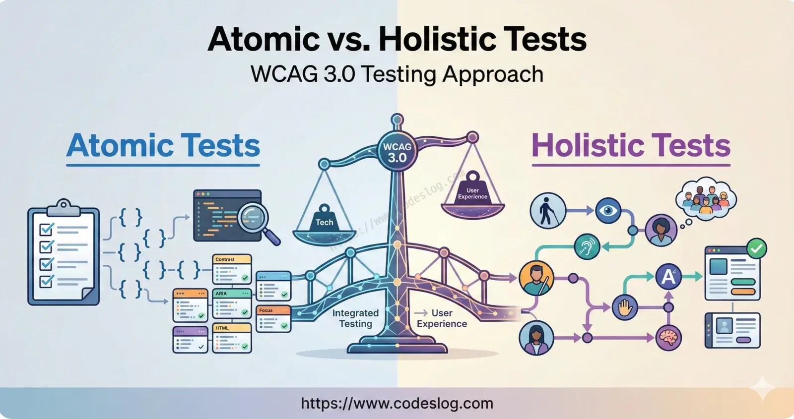 WCAG 3.0 테스트 방법론을 상징하는 썸네일 이미지 - Atomic 테스트와 Holistic 테스트의 균형을 시각화