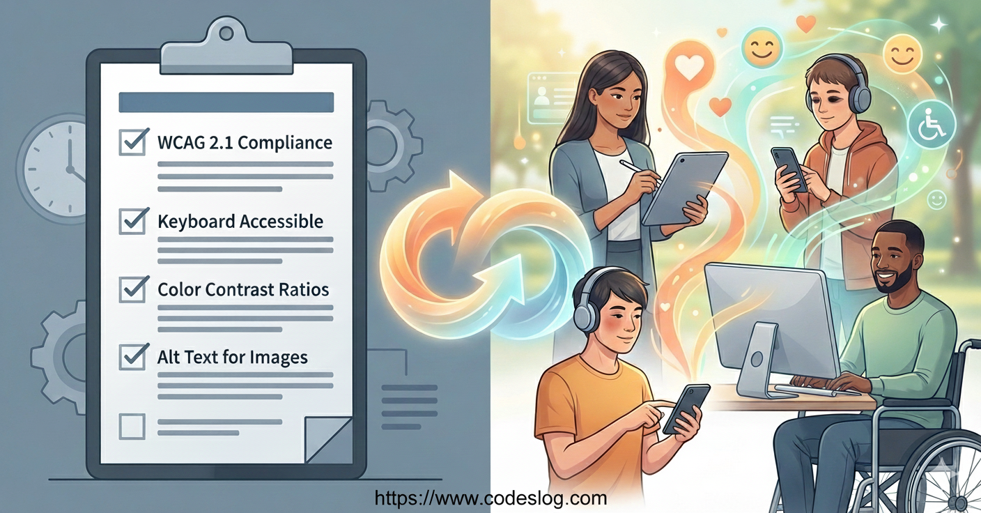 Conceptual diagram showing WCAG 3.0's philosophical shift. Arrow connects traditional checkbox approach on left to user-centered experience evaluation on right, visually expressing paradigm transition