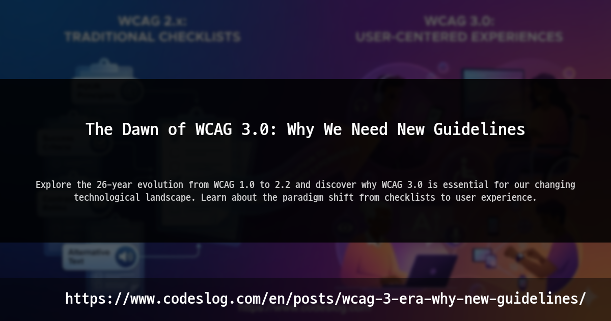 The Dawn of WCAG 3.0 - Thumbnail image visualizing the transformation from traditional WCAG 2.x checklists to user-centered WCAG 3.0. Features post title and key concepts displayed on a smooth gradient background